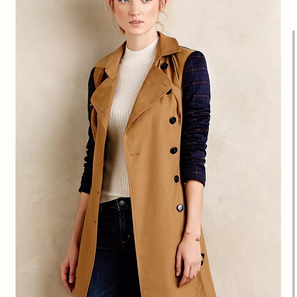 Anthropologie Harlyn Color-blocked Plaid Tan and Blue Trench Coat M - Picture 4 of 16